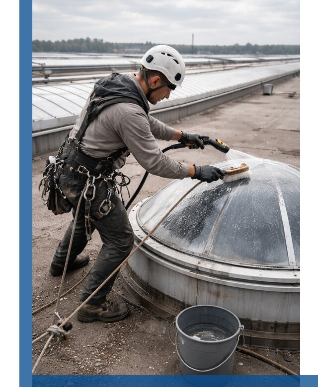 Мойка зенитных фонарей на кровле для промышленных объектов в Мичуринске