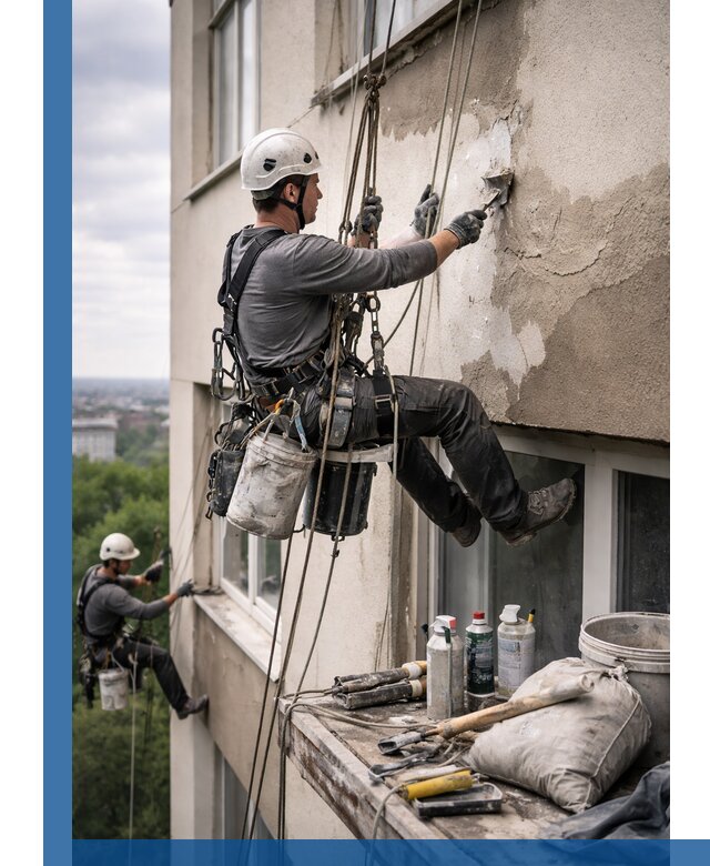 Косметический ремонт фасада зданий в Мичуринске промышленными альпинистами