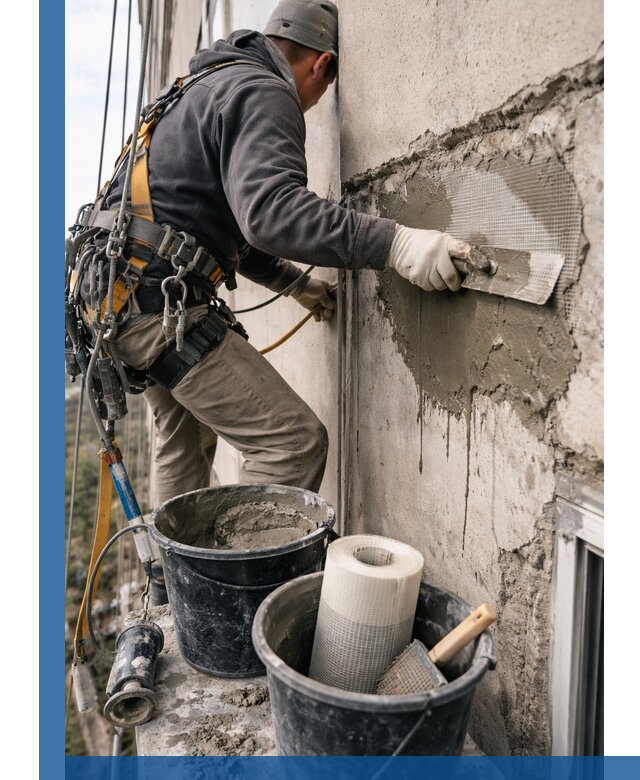 Ремонт бетонных элементов фасада промышленными альпинистами в Мичуринске