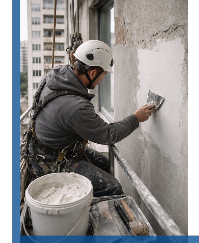 Шпаклевка фасадов на высоте с промальпинистами в Мичуринске