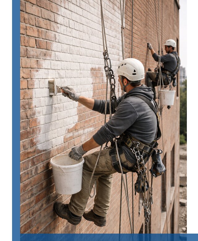 Покраска кирпичного фасада с доступным альпинистским сервисом в Мичуринске