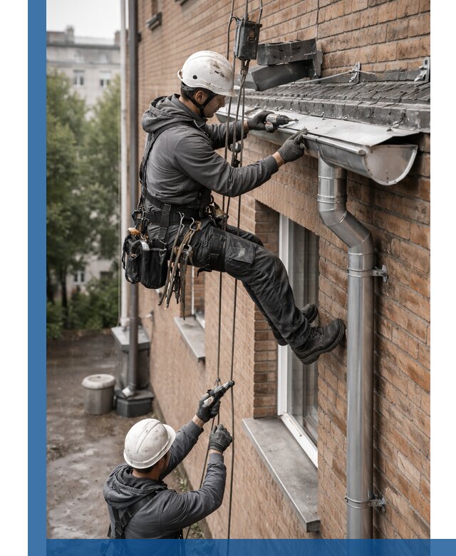 Монтаж водосточной системы на здании в Мичуринске под ключ