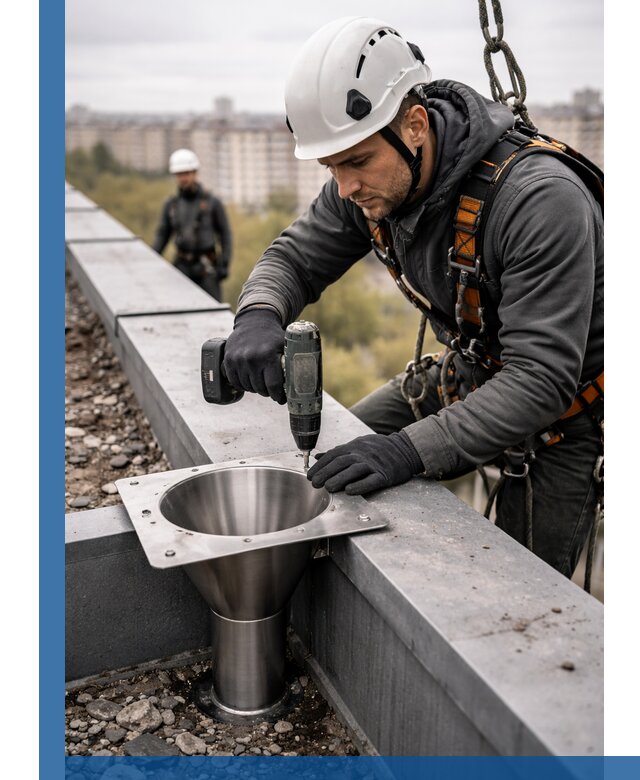 Монтаж водосточных воронок в Мичуринске для промышленных зданий