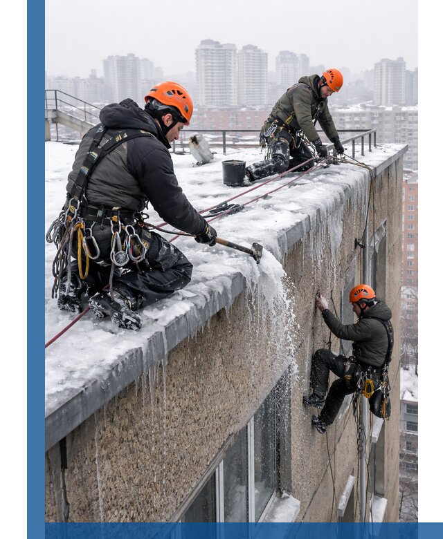 Удаление наледи с кровли в Мичуринске промышленными альпинистами