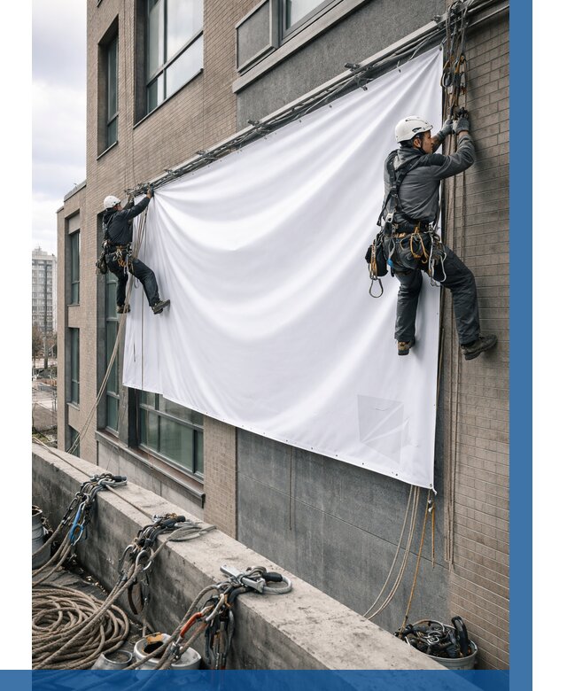 Монтаж баннеров на фасаде в Мичуринске от 673 р. заказать ВЫСОТНИК-Мчр