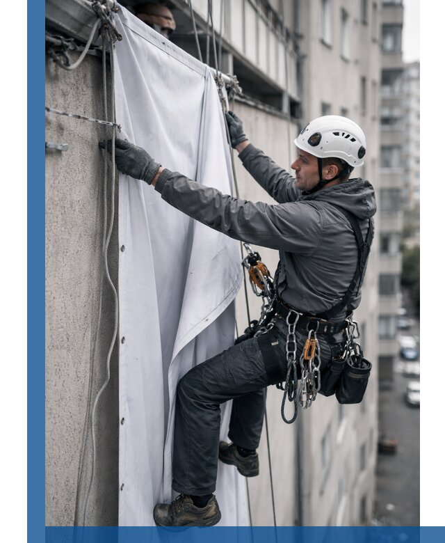 Замена баннерного полотна промышленными альпинистами в Мичуринске