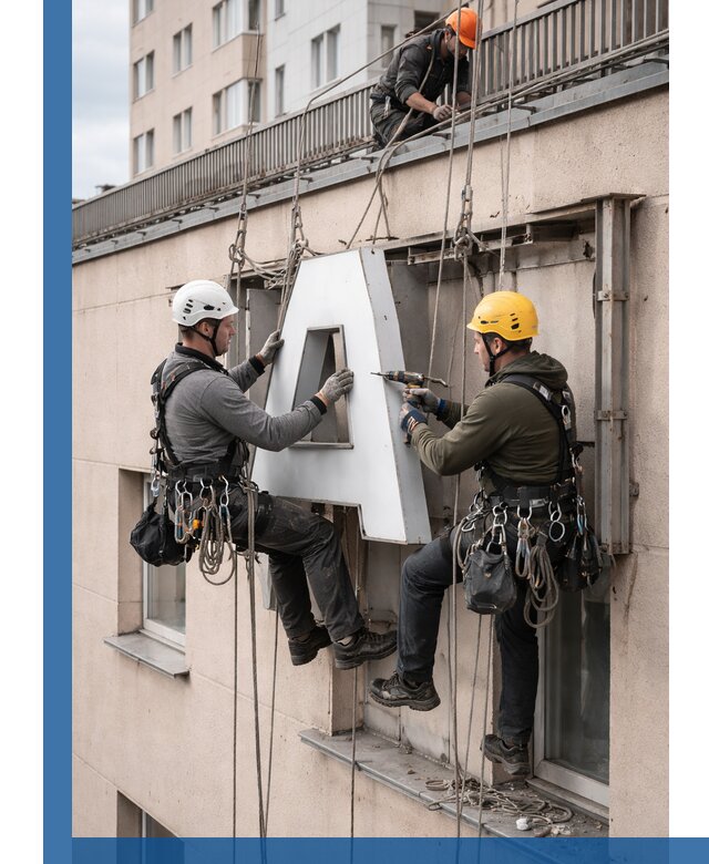 Ремонт и восстановление наружных вывесок на высоте в Мичуринске
