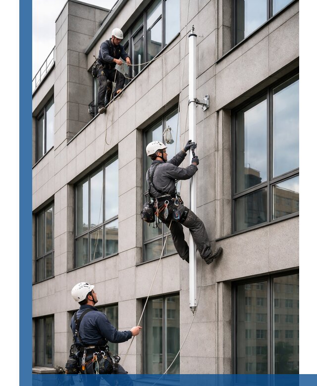 Монтаж флагштока на фасаде здания с креплением и герметикой в Мичуринске