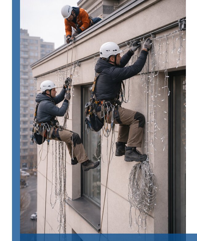 Монтаж праздничных гирлянд на фасаде в Мичуринске для зданий