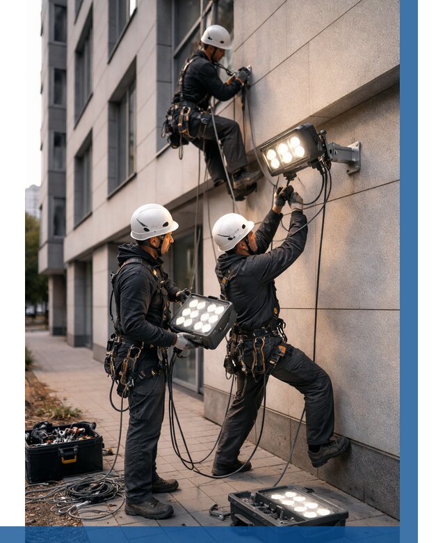 Монтаж прожекторов на фасаде в Мичуринске от 7766 р. | ВЫСОТНИК-Мчр