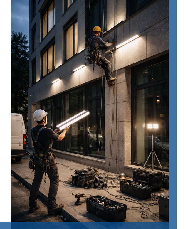 Монтаж архитектурной подсветки здания в Мичуринске от 2589 р.|ВЫСОТНИК-Мчр