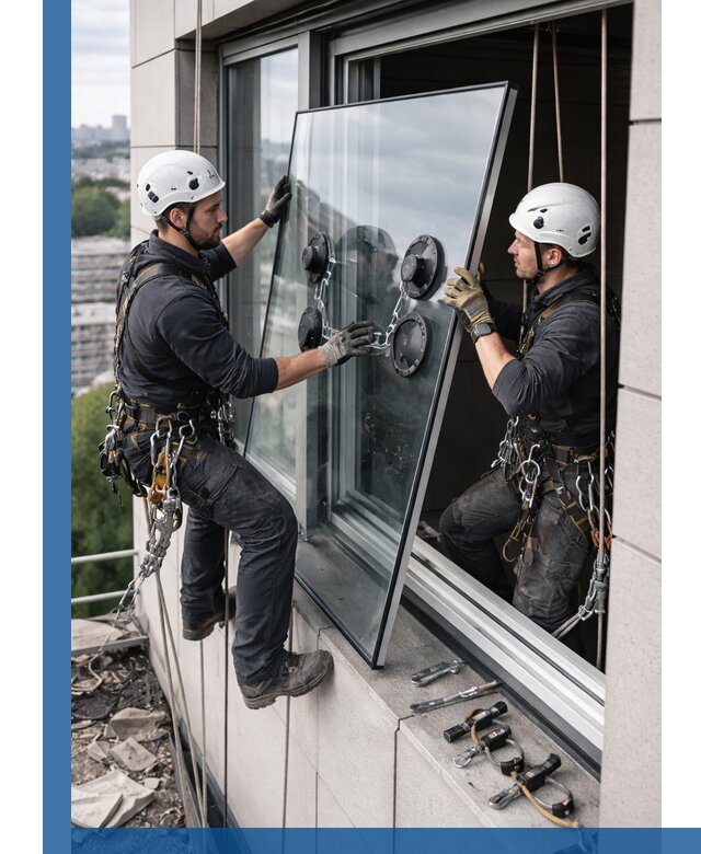 Замена стеклопакетов на высоте с промышленными альпинистами в Мичуринске