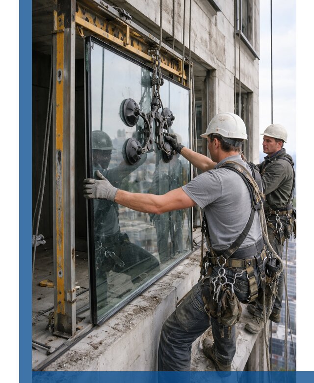 Монтаж стеклопакетов на высоте в Мичуринске с промышленным альпинизмом