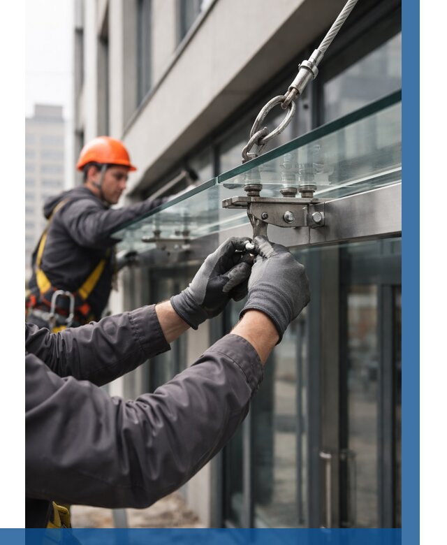 Монтаж стеклянных козырьков в Мичуринске от 8801 р. | ВЫСОТНИК-Мчр