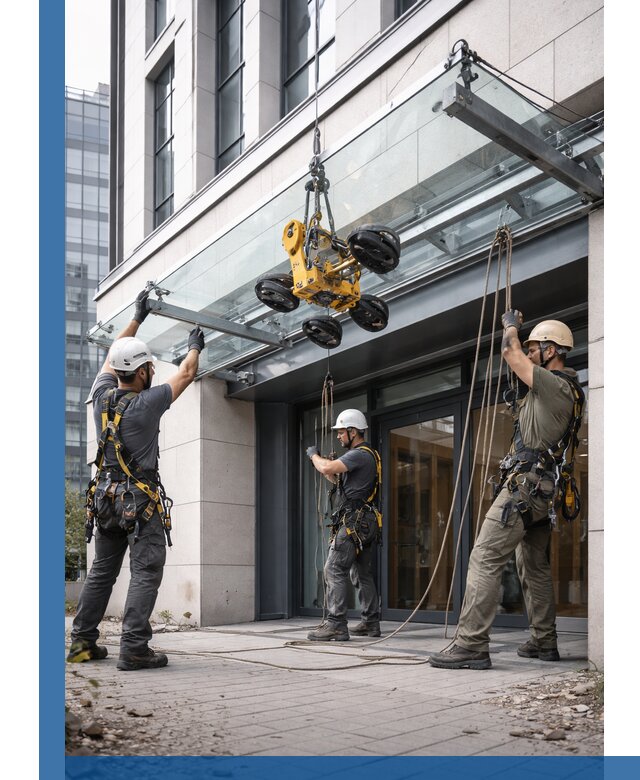 Монтаж стеклянных козырьков под ключ в Мичуринске для зданий