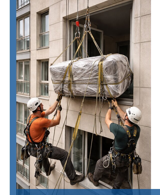 Подъем грузов через окно в Мичуринске промышленными альпинистами