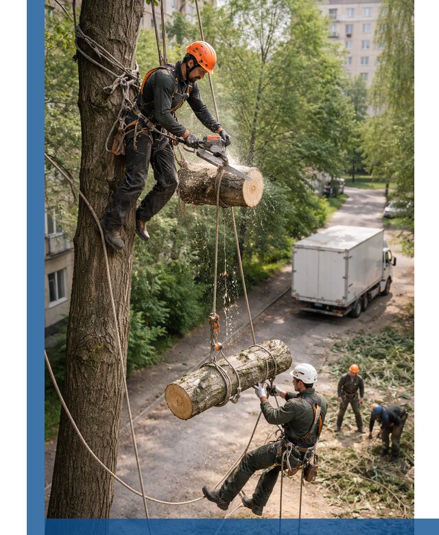 Спил деревьев альпинистами в Мичуринске, безопасно и без повреждений