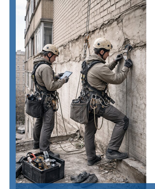 Обследование фасада промышленными альпинистами в Мичуринске